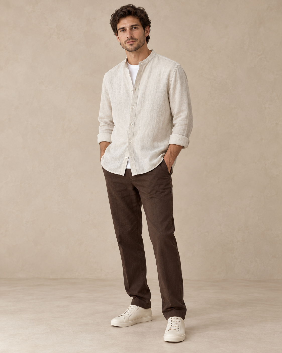 Lodemi ivory Henley button-front shirt on a model