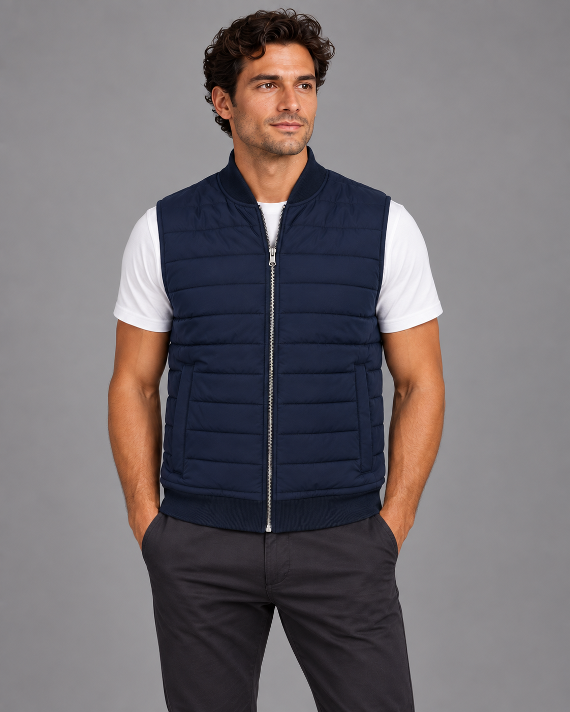 Autumn and winter layering: Lodemi navy quilted zip gilet on a model
