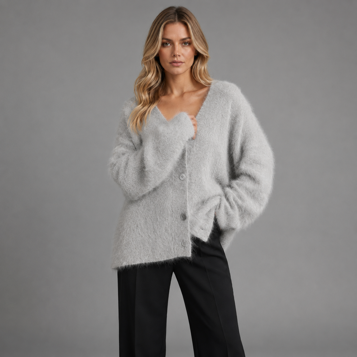 Lodemi grey Livia V-neck cardigan on a model