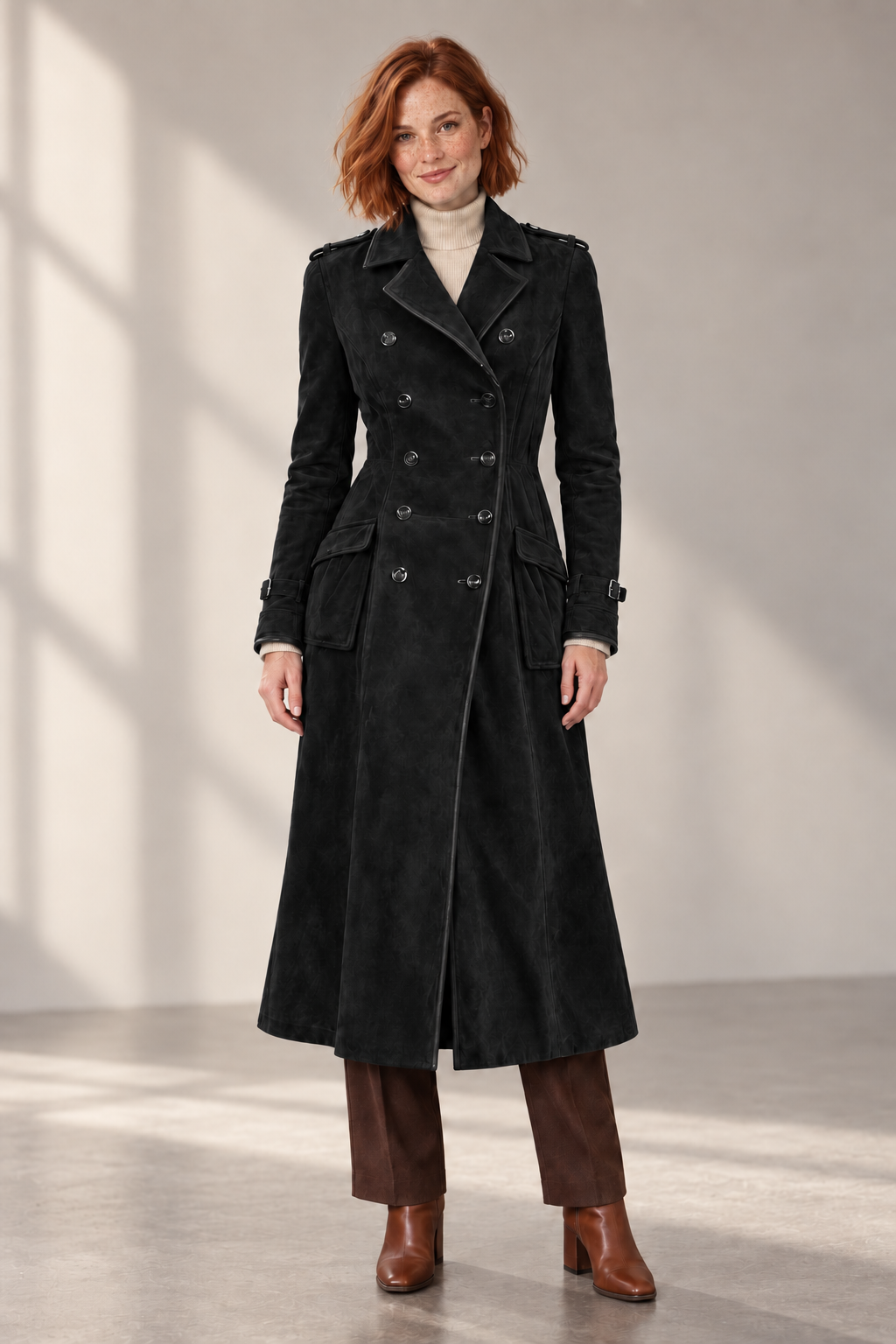 Alba Suede-Look Long Coat in Black — digitally recoloured product image