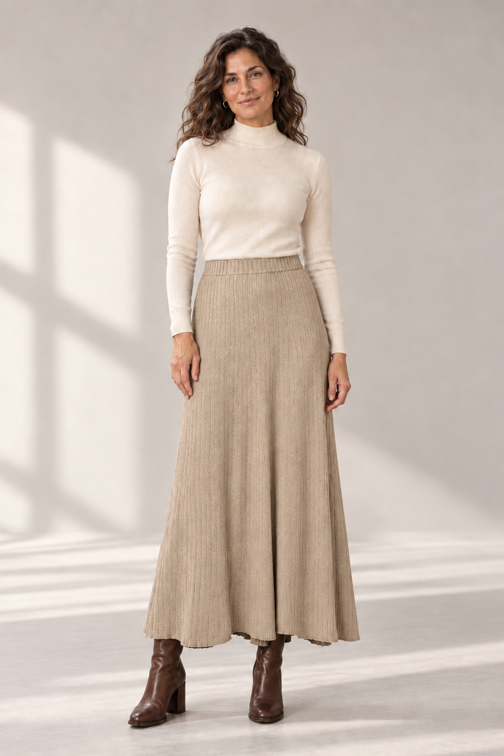 Anya Asymmetric Knit Maxi Skirt in Beige — digitally recoloured product image