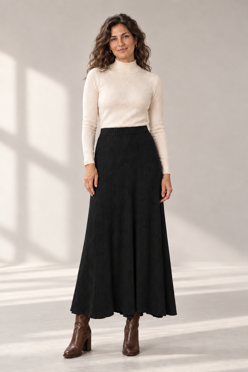 Anya Asymmetric Knit Maxi Skirt in Black — digitally recoloured product image