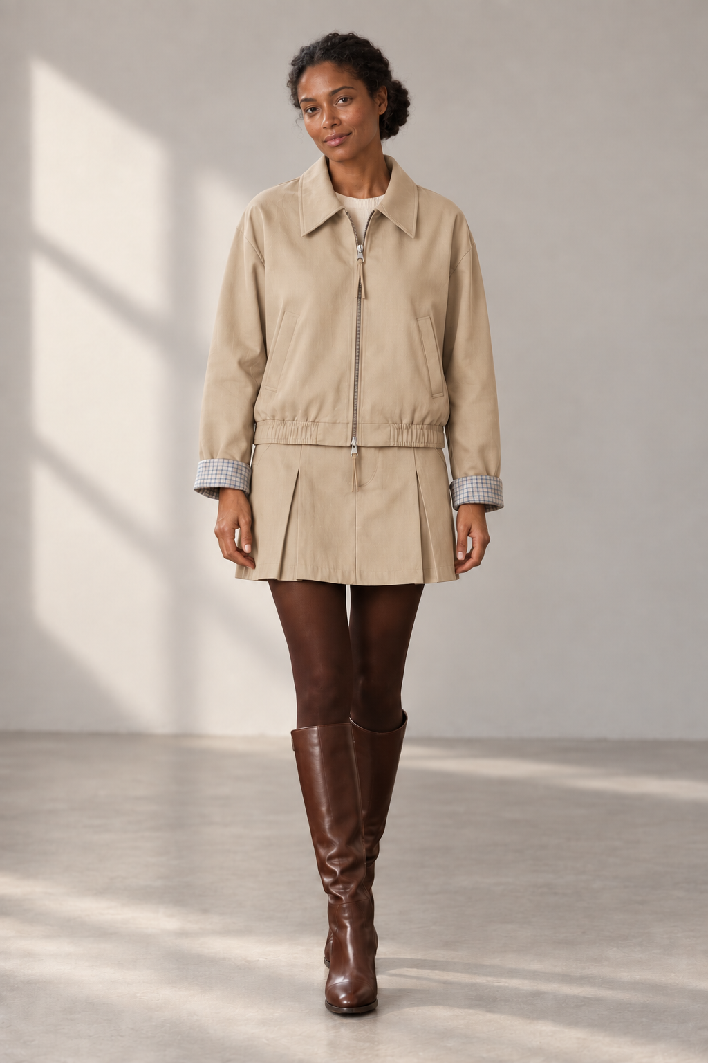 Cora Zip Jacket & Mini Skirt Set in Beige — digitally recoloured product image