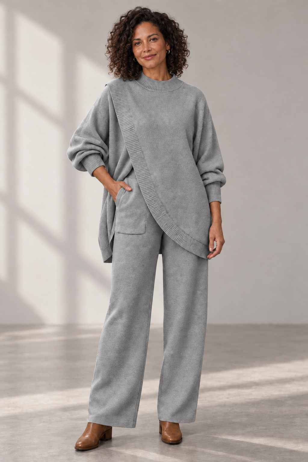 Esme Asymmetric Knit Set in Grey — digitally recoloured product image