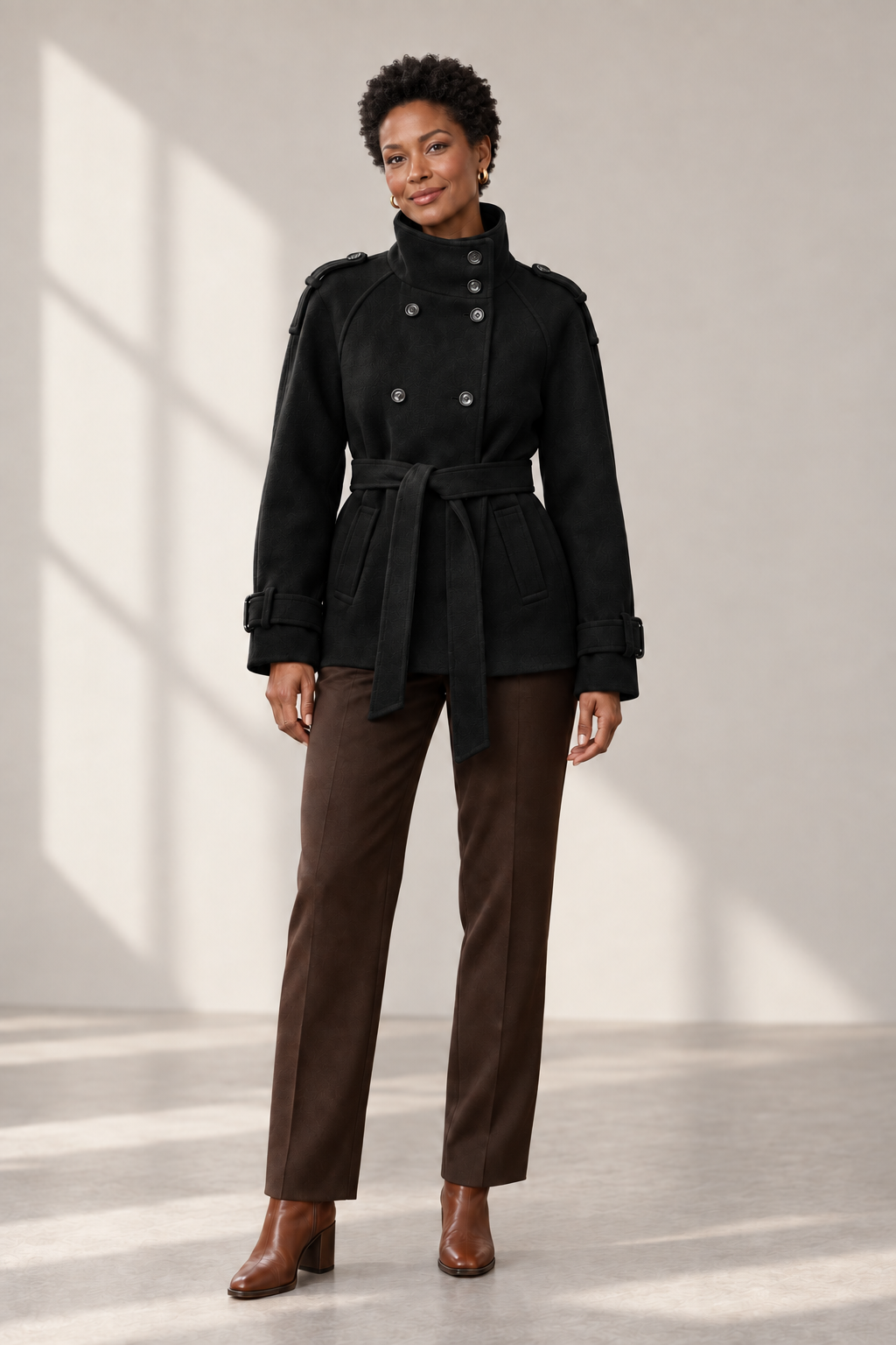 Freya Belted Short Coat in Black — digitally recoloured product image