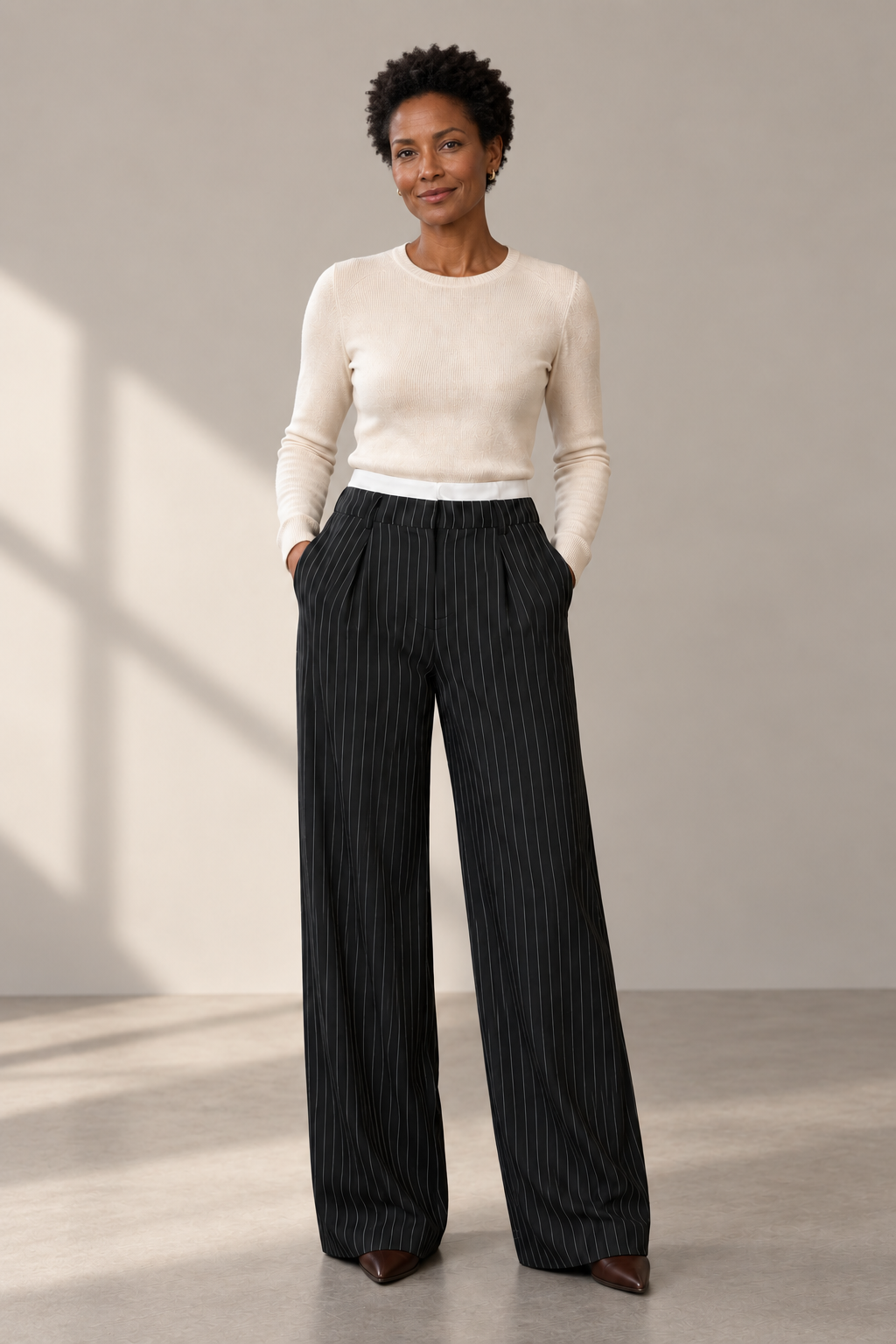 Avery Pinstripe Palazzo Trousers in Black, shown on a model