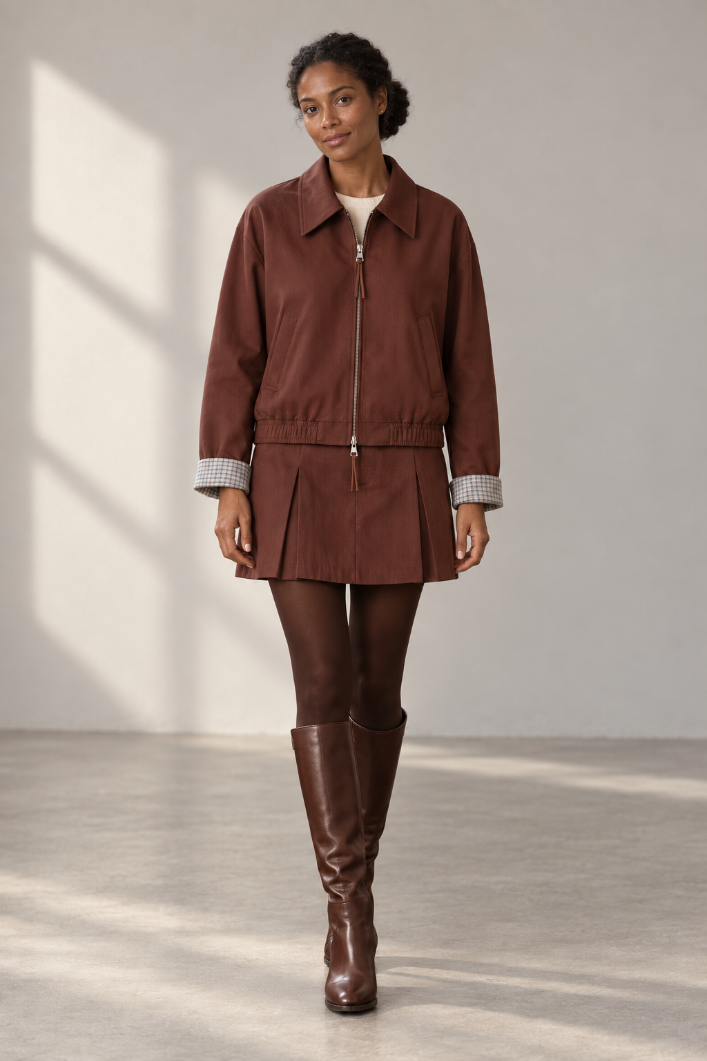 Cora Zip Jacket & Mini Skirt Set in Burgundy Brown, shown on a model