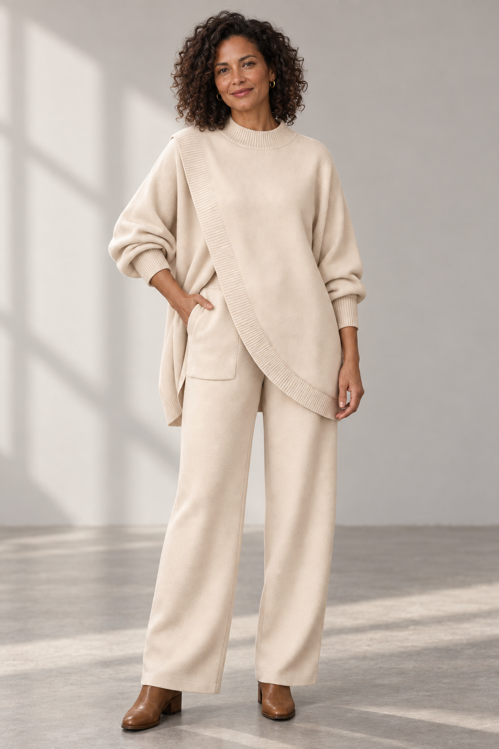 Esme Asymmetric Knit Set in Cream Beige, shown on a model