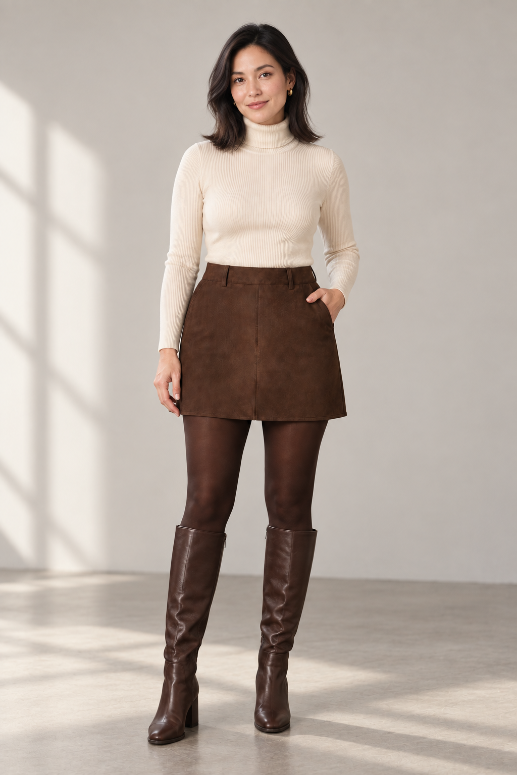 Maeve Suede-Look Mini Skirt in Brown, shown on a model