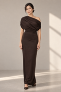 Isla Draped Jersey Maxi Dress in Dark Brown, shown on a model