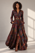 Phoebe Check Maxi Shirt Dress in Red Brown, shown on a model