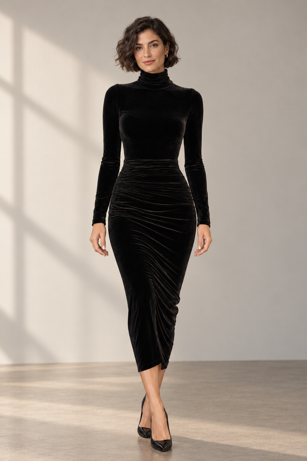 Verity Ruched Velvet Midi Dress in Black, shown on a model