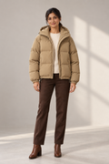 Quinn Hooded Puffer Jacket in Warm Khaki, shown on a model