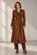 Alba Suede-Look Long Coat in Cognac Brown, shown on a model