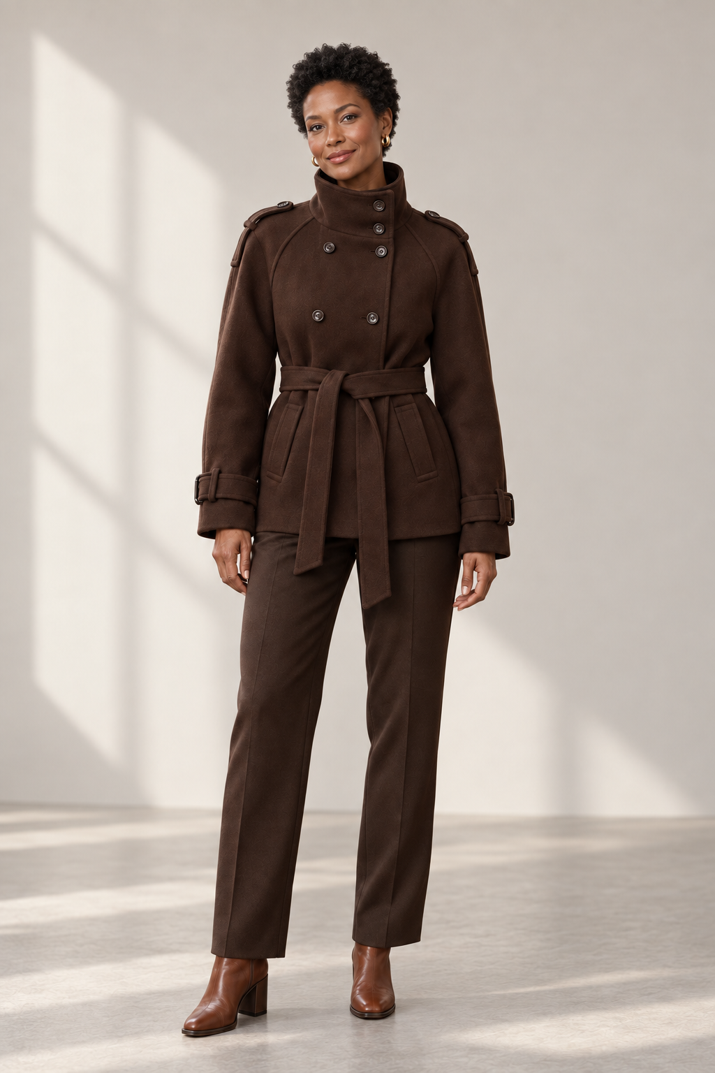 Freya Belted Short Coat in Chocolate Brown, shown on a model