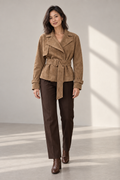 Thea Cropped Suede-Look Trench in Camel Beige, shown on a model
