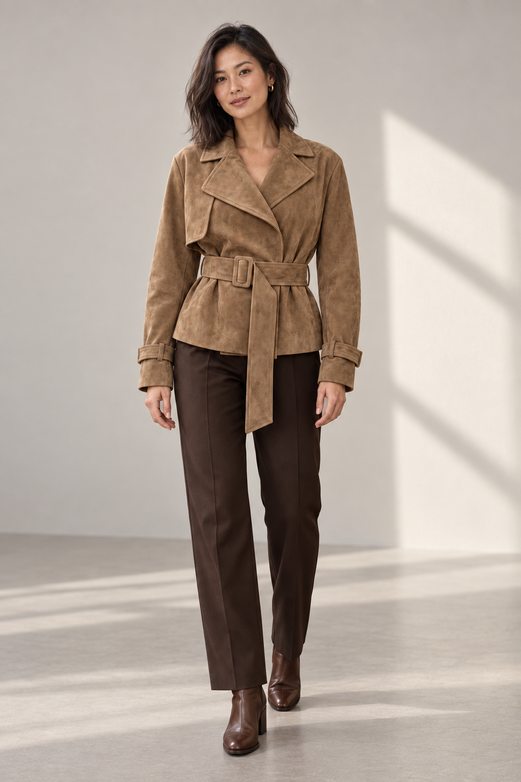 Thea Cropped Suede-Look Trench in Camel Beige, shown on a model