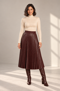 Opal Pleated Faux-Leather Midi Skirt in Burgundy, shown on a model