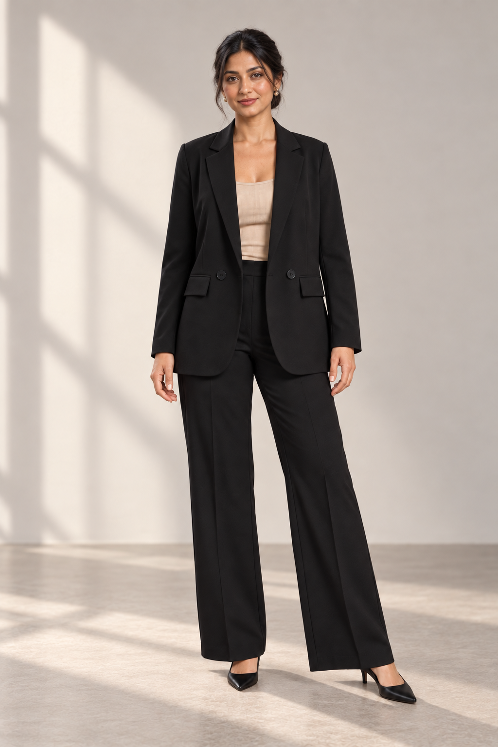 Noelle Relaxed Trouser Suit in Black, shown on a model