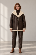 Reese Faux-Leather Teddy-Trim Jacket in Brown, shown on a model