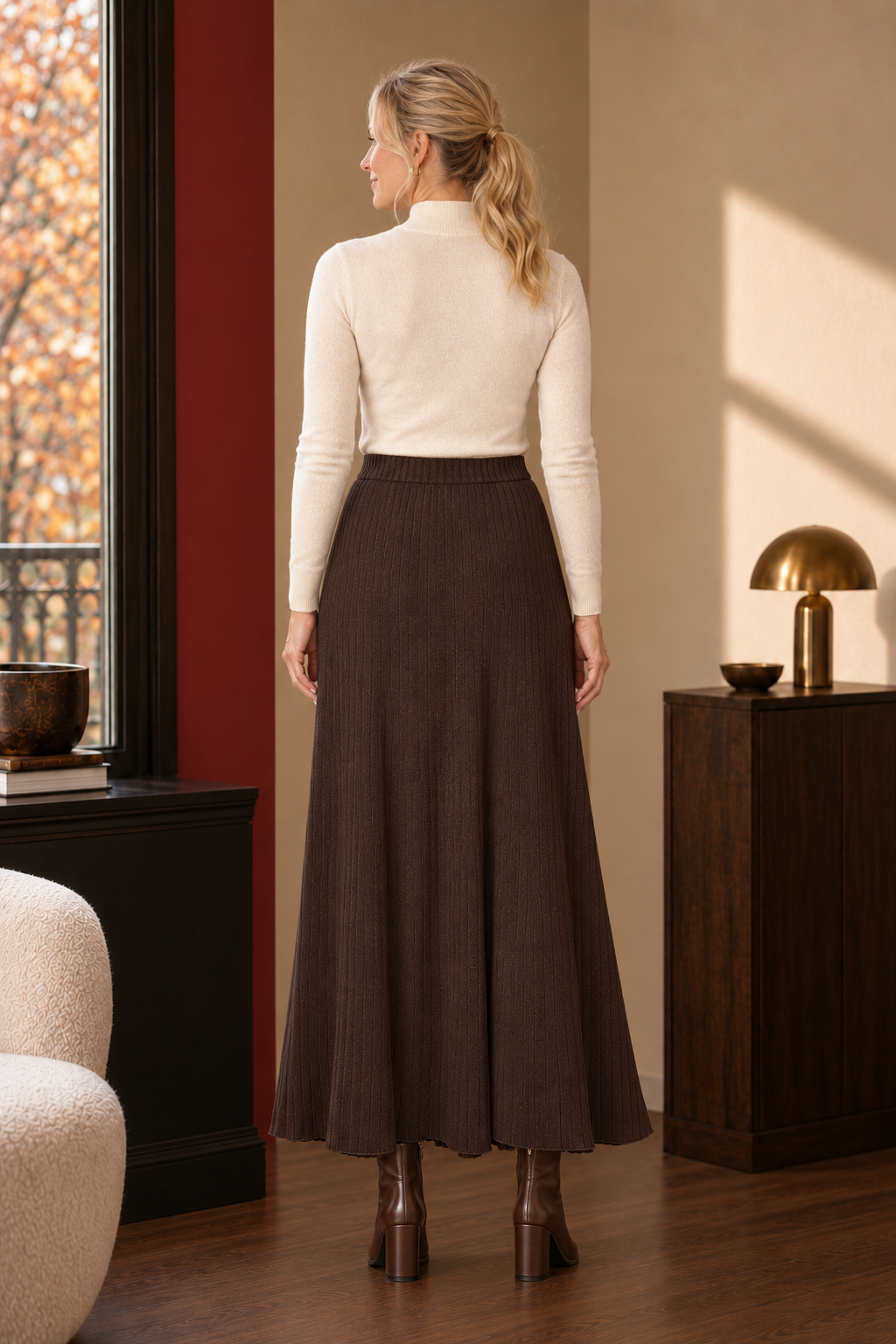 Anya Asymmetric Knit Maxi Skirt in chocolate brown, back view.
