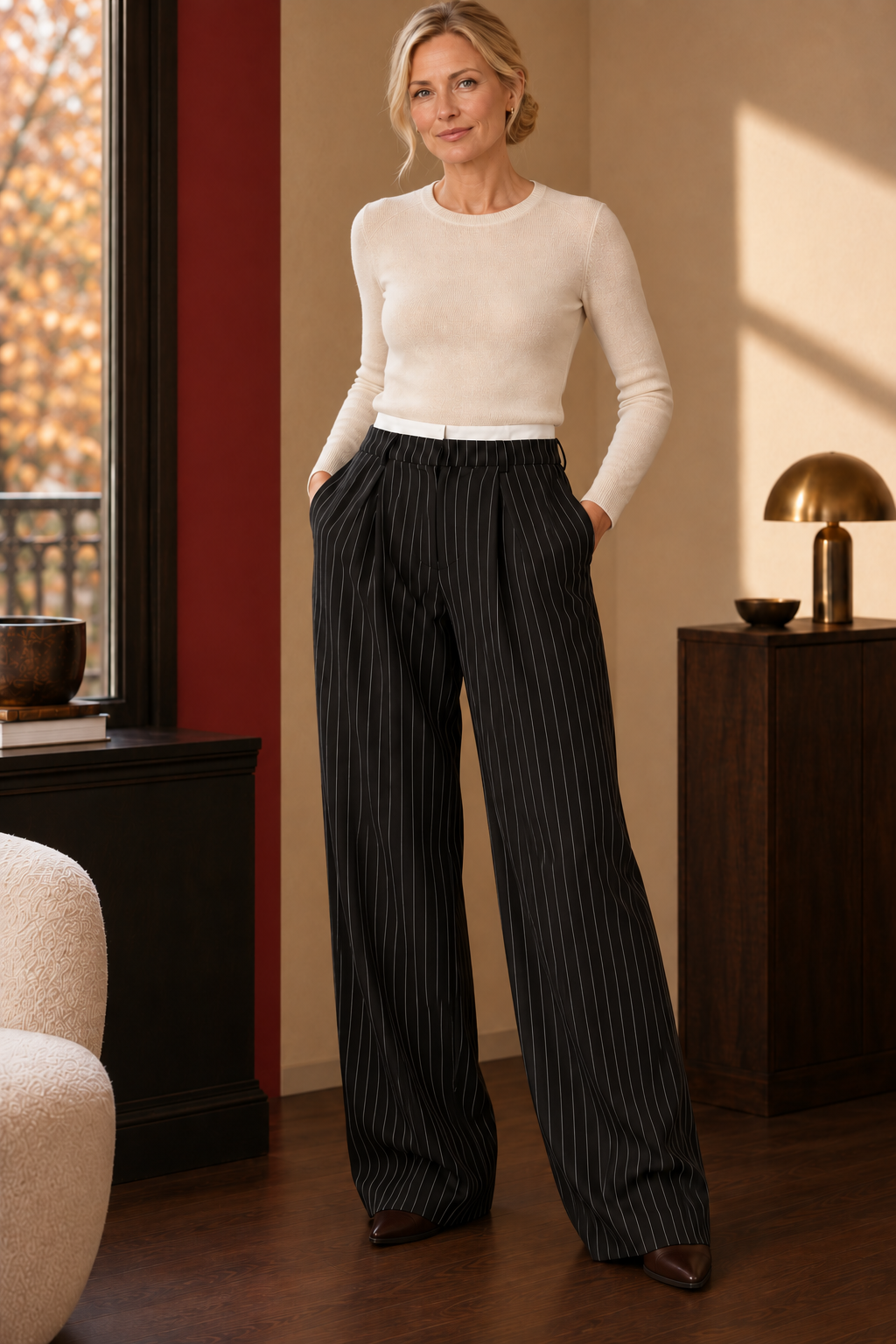 Avery Pinstripe Palazzo Trousers in black, full-length view.