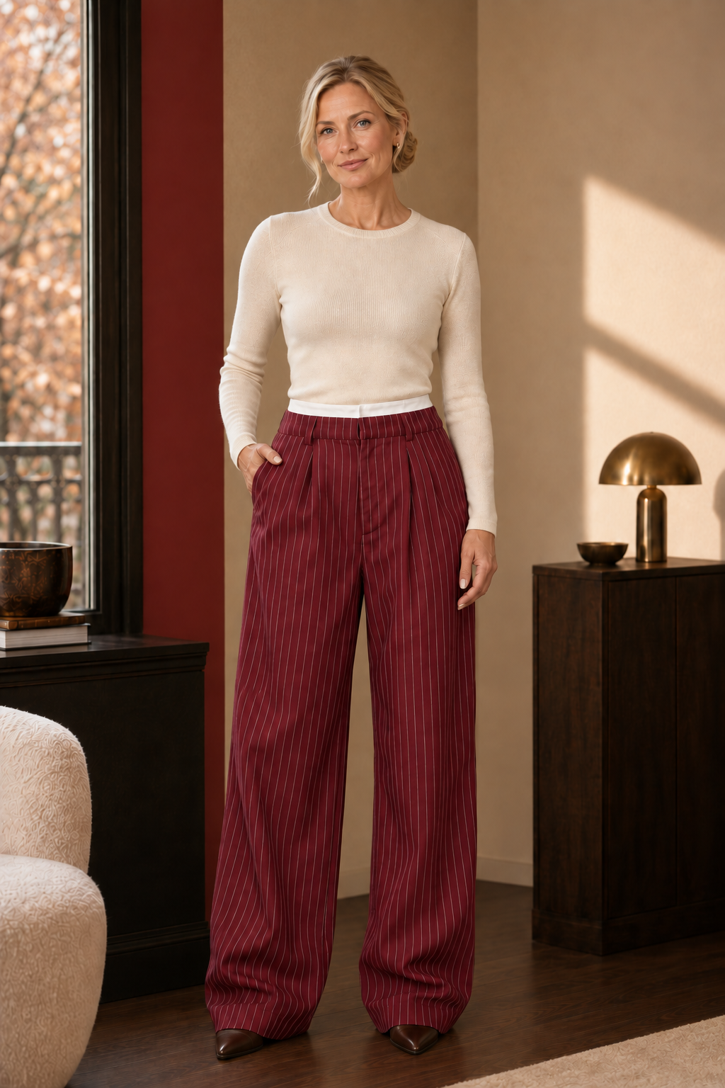 Avery Pinstripe Palazzo Trousers in wine red, full-length view.