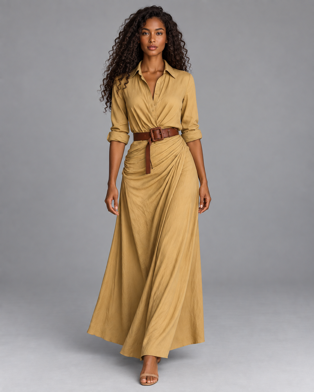 Lodemi Belted Shirt Collar Maxi Dress, view 1