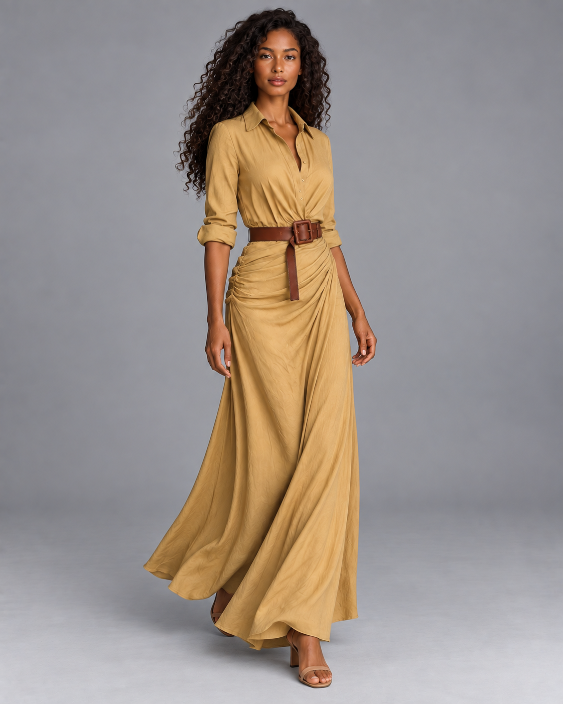 Lodemi Belted Shirt Collar Maxi Dress, view 2