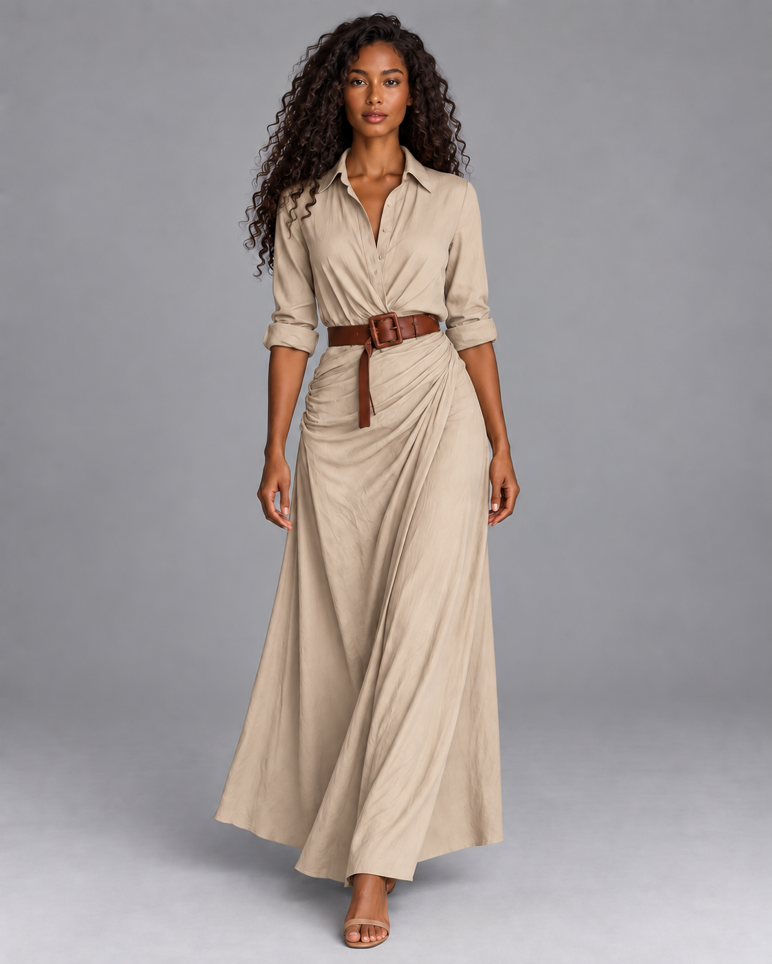 Lodemi Belted Shirt Collar Maxi Dress in Beige — digitally recoloured product image