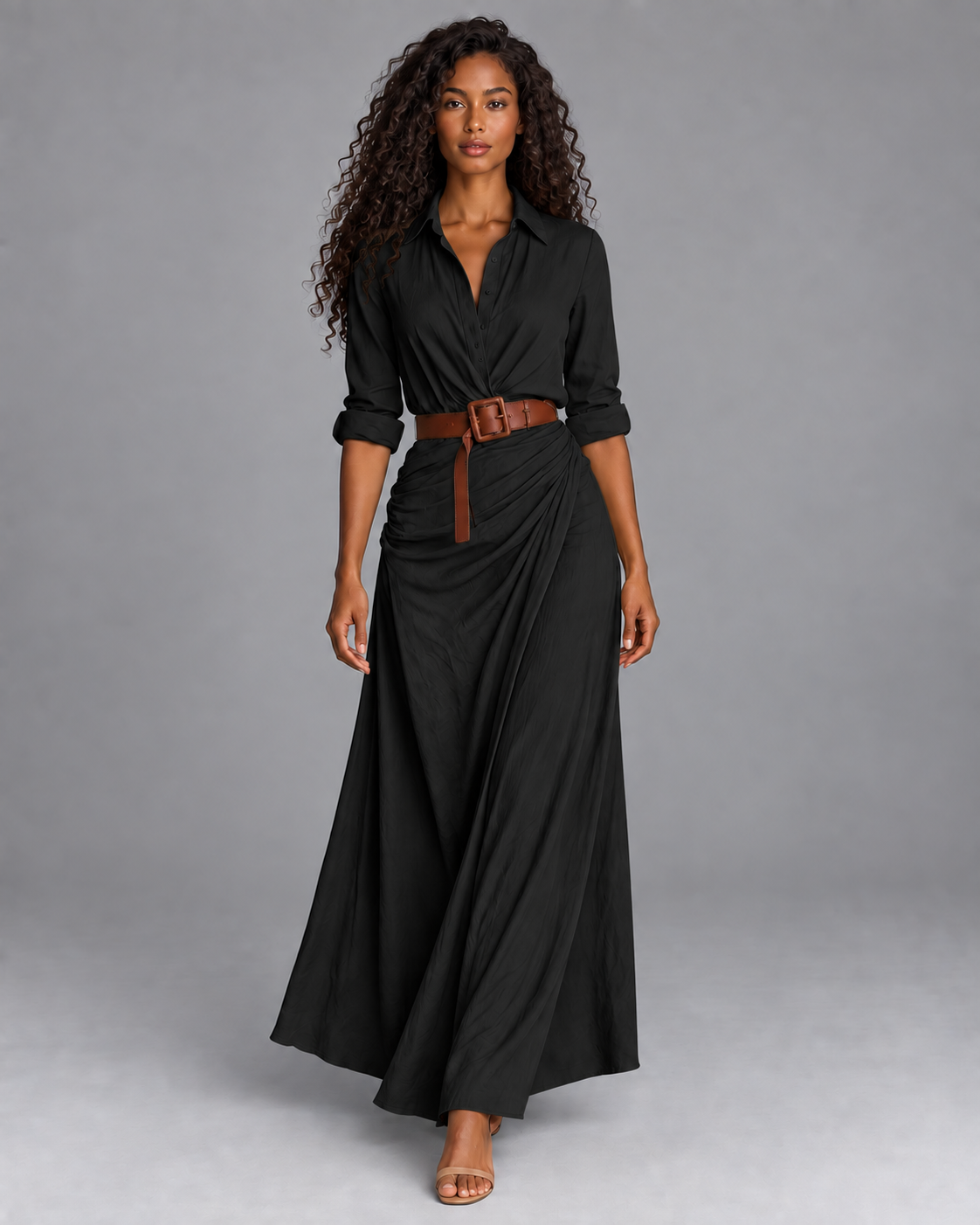 Lodemi Belted Shirt Collar Maxi Dress in Black — digitally recoloured product image