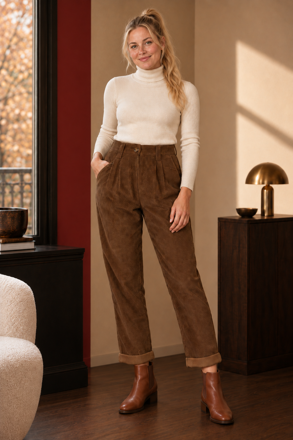 Blythe Corduroy Trousers in brown, front view.