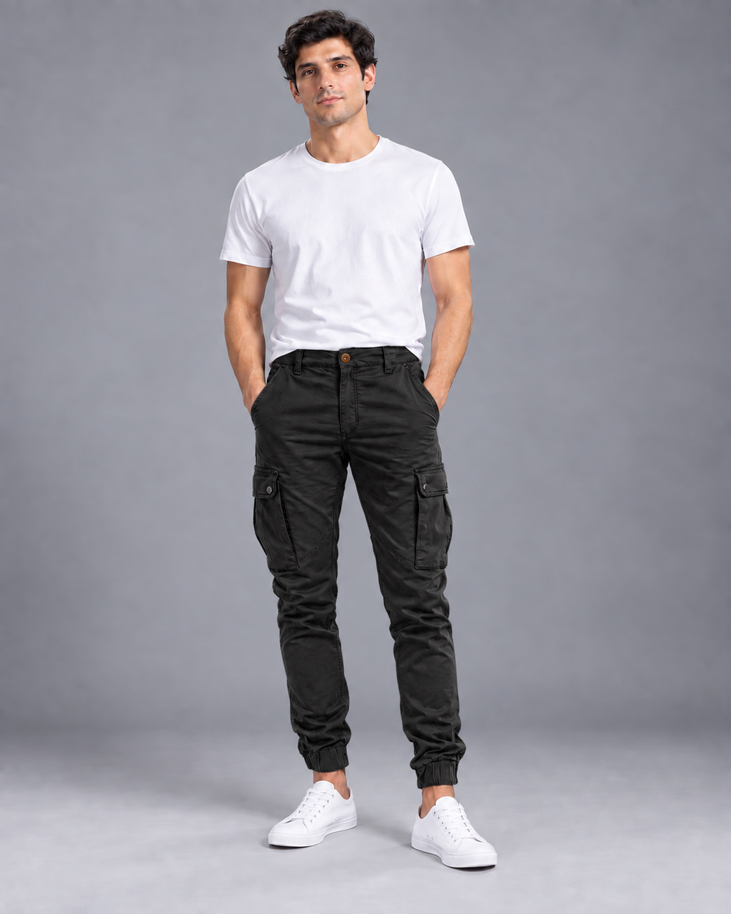 Lodemi Cargo Jogger Trousers in Black — digitally recoloured product image