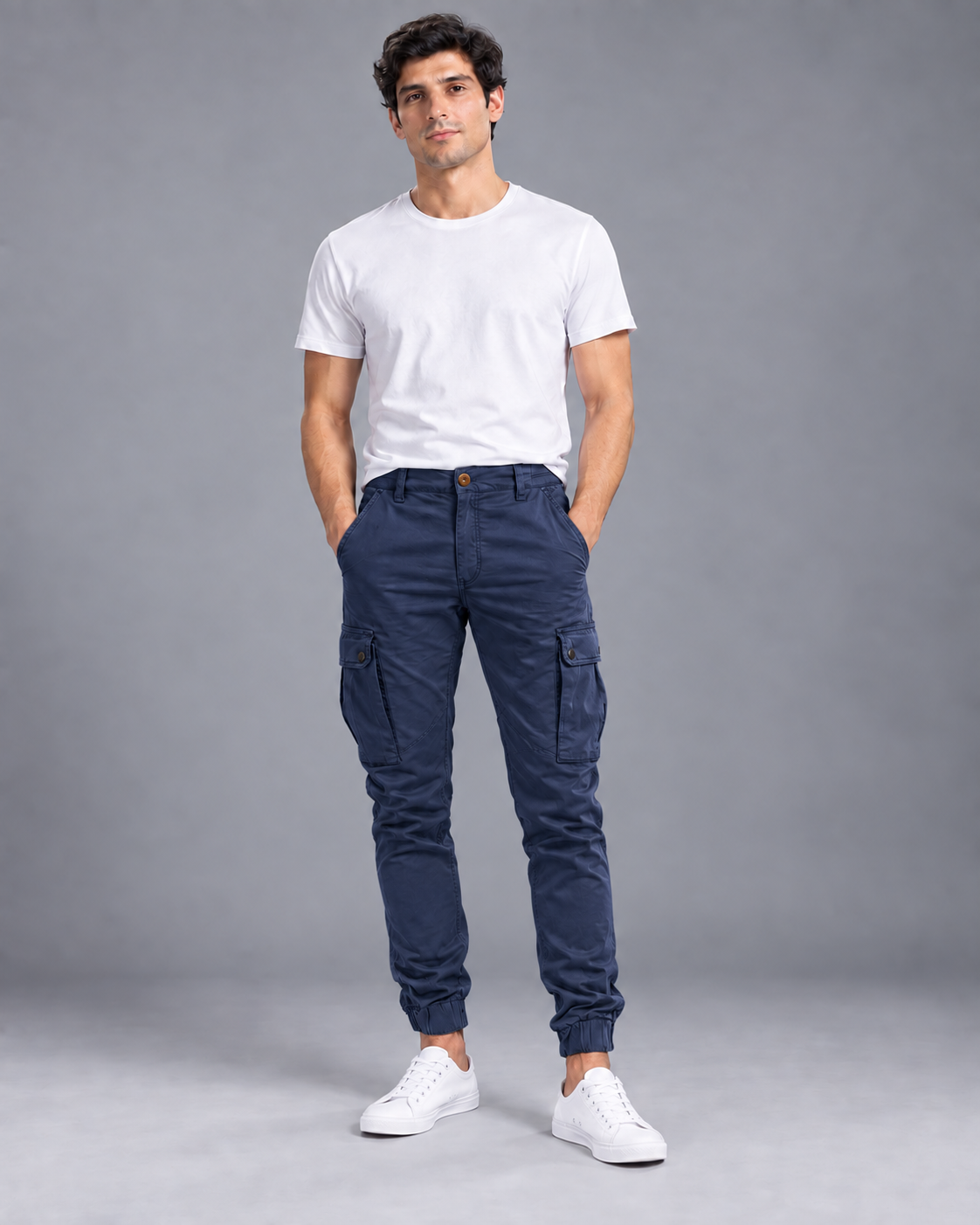 Lodemi Cargo Jogger Trousers in Navy — digitally recoloured product image