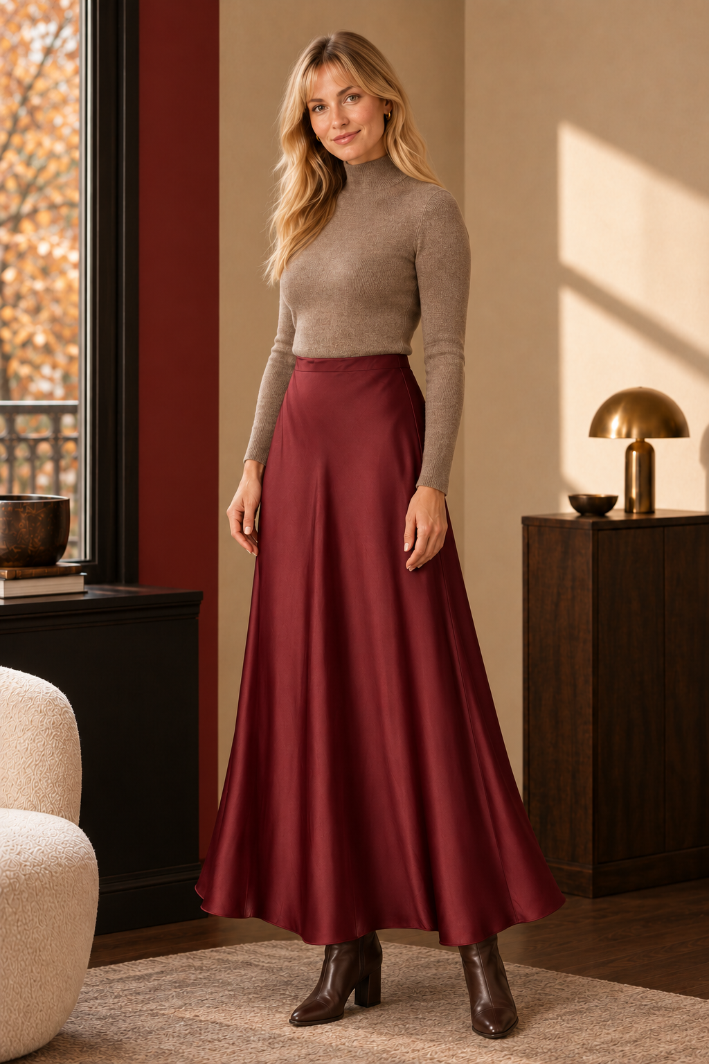 Celeste Satin Maxi Skirt in burgundy, front view.