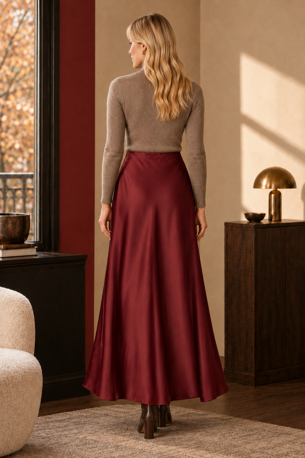 Celeste Satin Maxi Skirt in burgundy, back view.