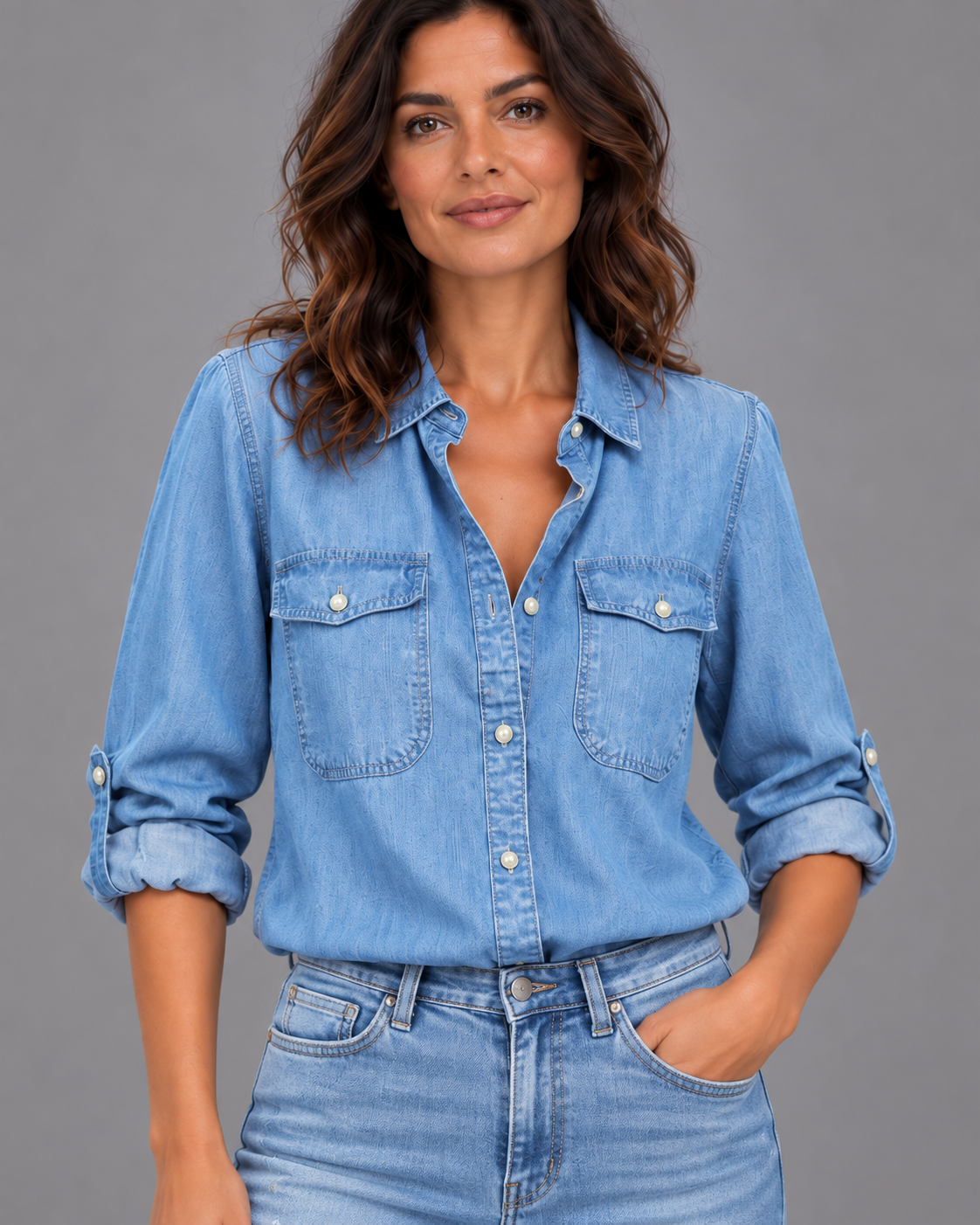 Lodemi Relaxed Denim Pocket Blouse, view 3