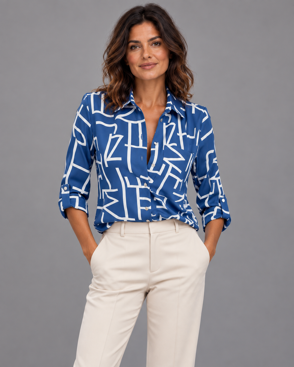 Lodemi Geometric Print Collared Blouse, view 1