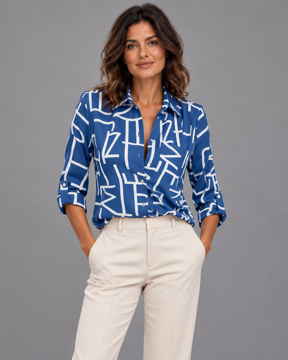 Lodemi Geometric Print Collared Blouse, view 1