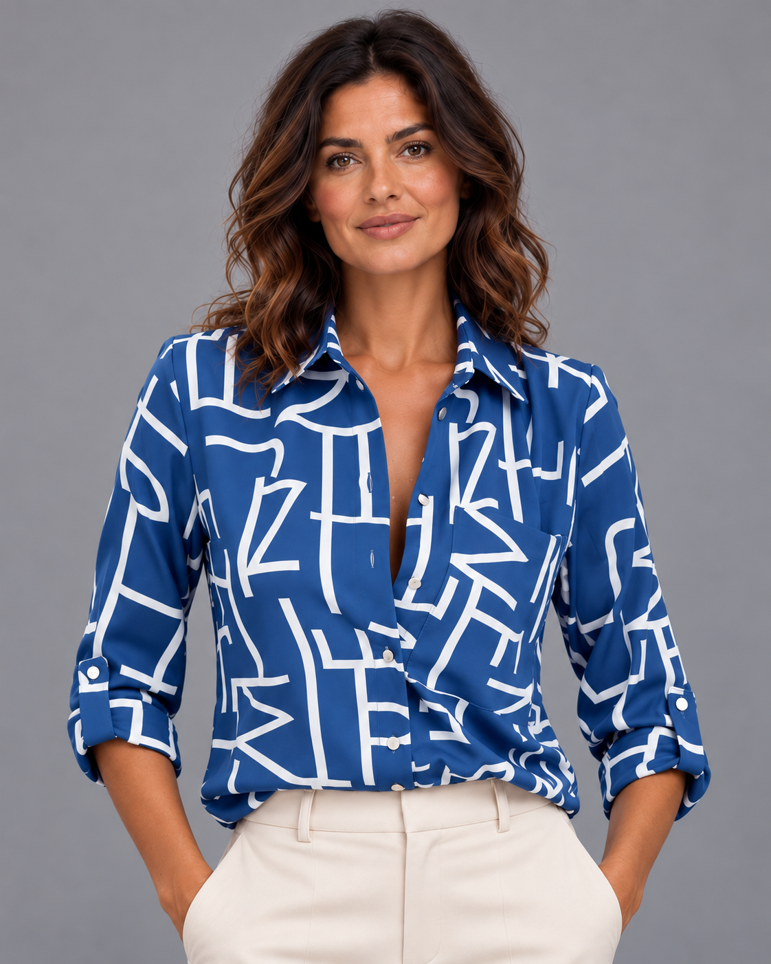 Lodemi Geometric Print Collared Blouse, view 3