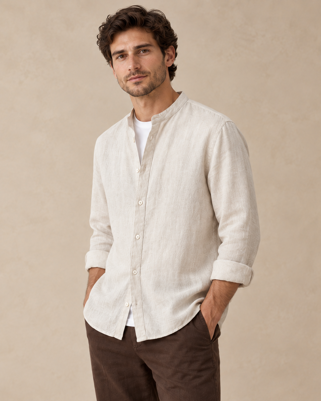 Lodemi Relaxed Henley Button-Front Shirt, detail view on a model