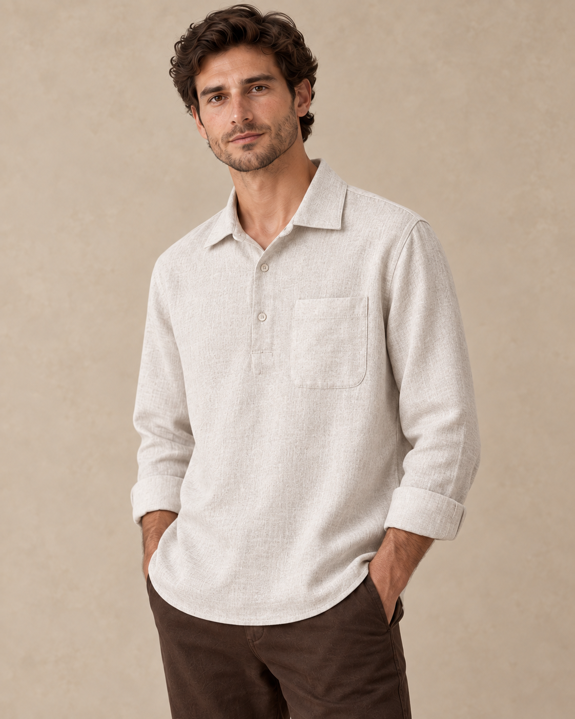 Lodemi Relaxed Henley Pullover Shirt, detail view on a model