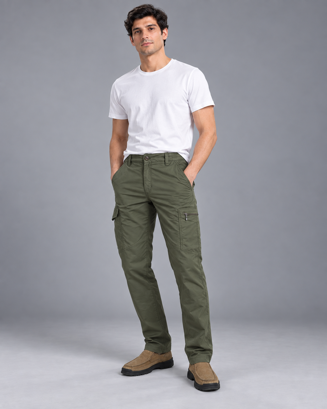 Lodemi Olive Cargo Trousers, view 3