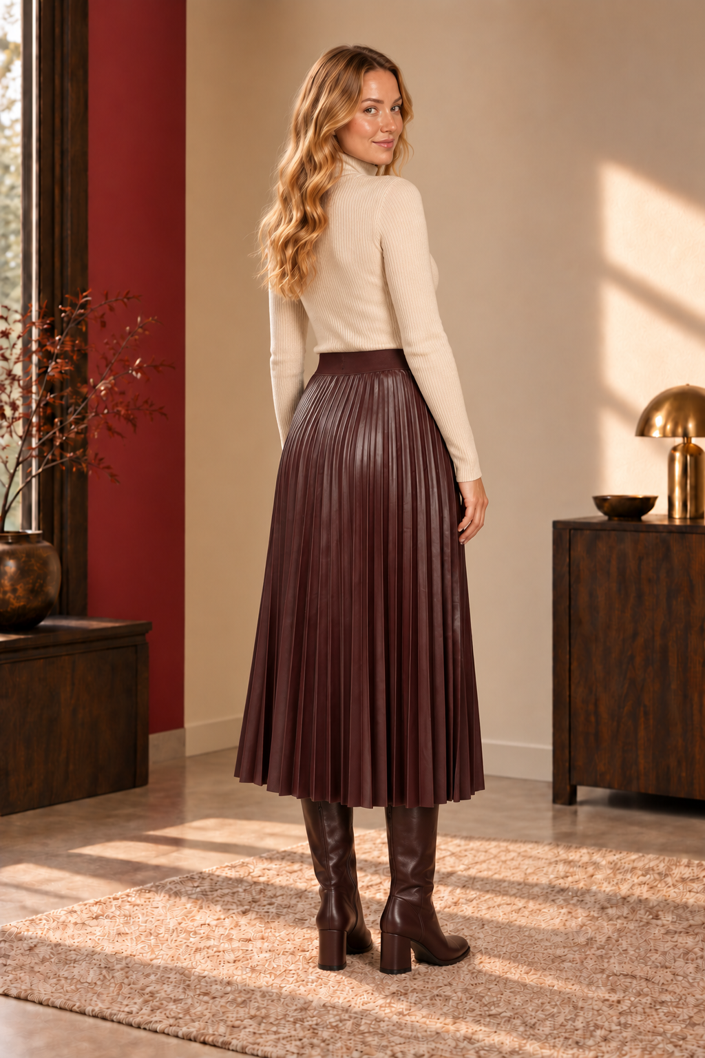 Opal Pleated Faux-Leather Midi Skirt in burgundy, back view.