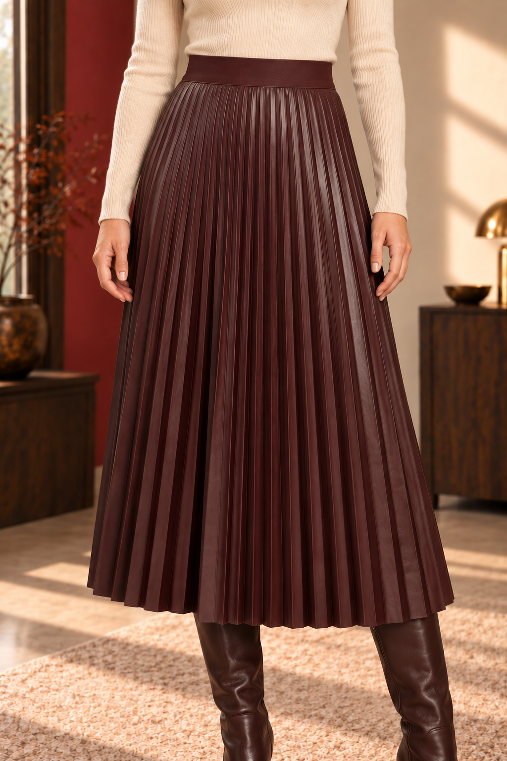 Opal Pleated Faux-Leather Midi Skirt in burgundy, pleat detail.