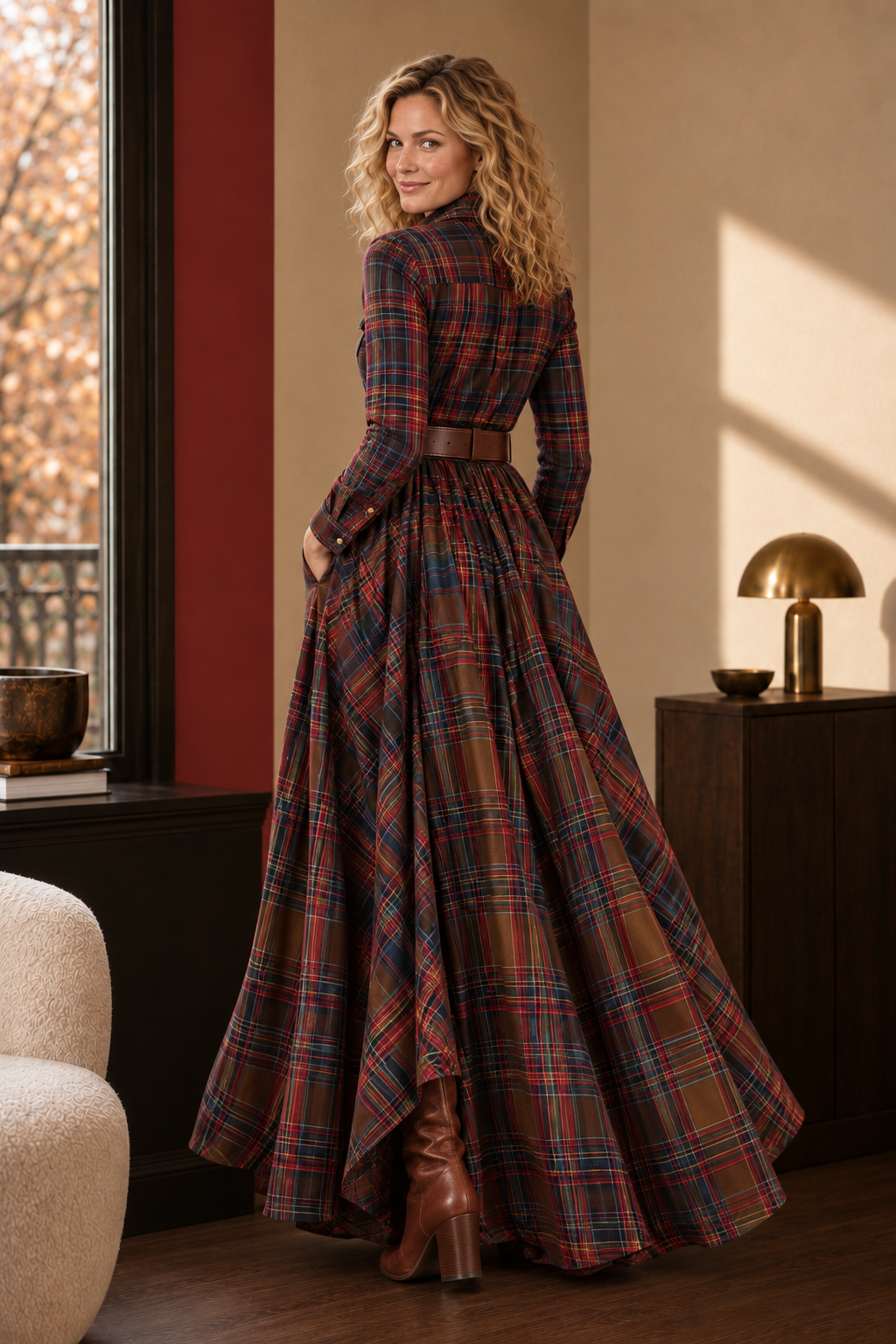 Phoebe Check Maxi Shirt Dress in red-brown check, back view.