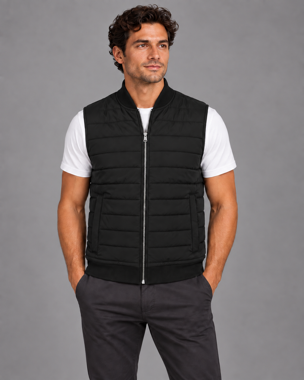 Lodemi Quilted Zip Gilet in Black — digitally recoloured product image