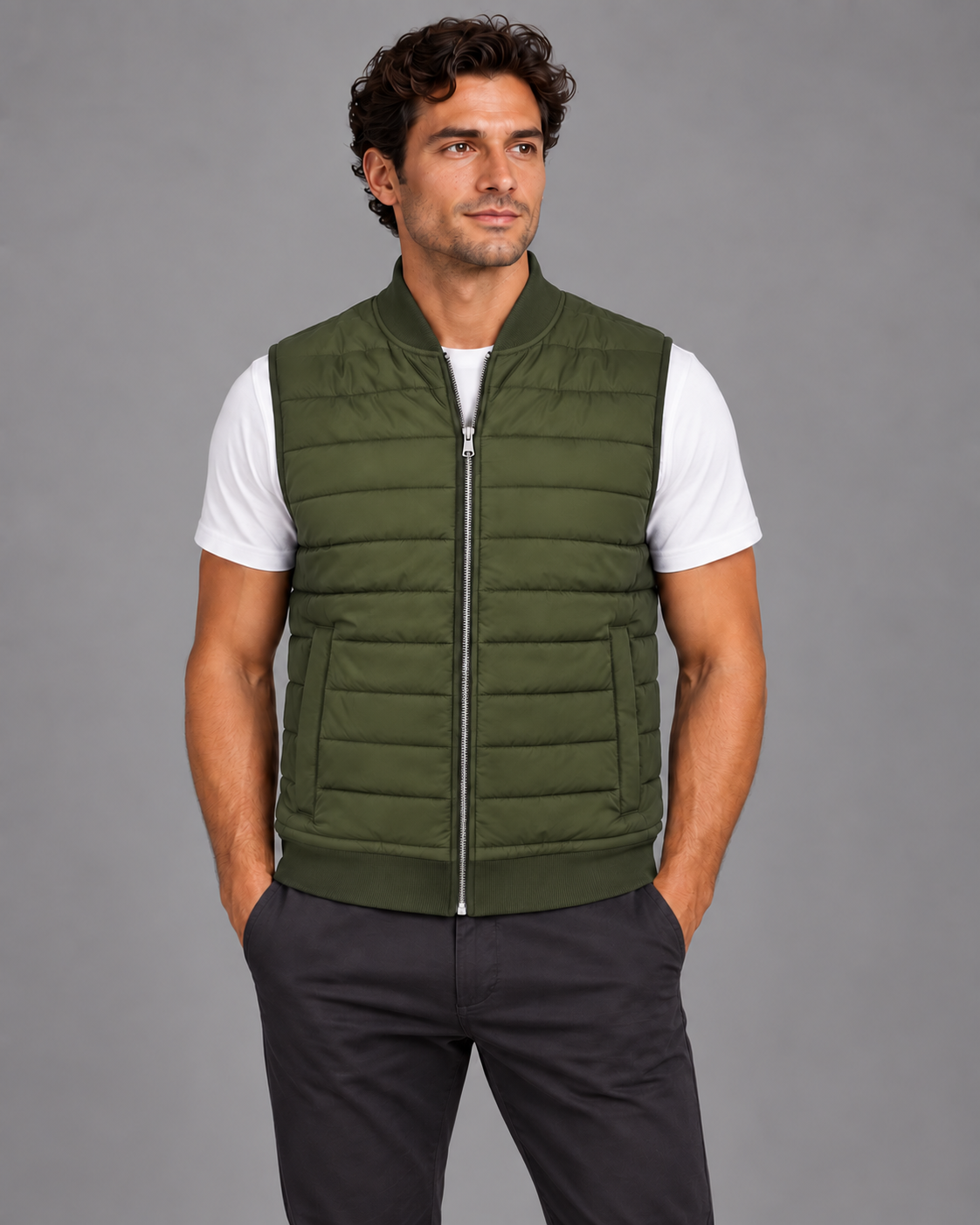 Lodemi Quilted Zip Gilet in Olive Green — digitally recoloured product image