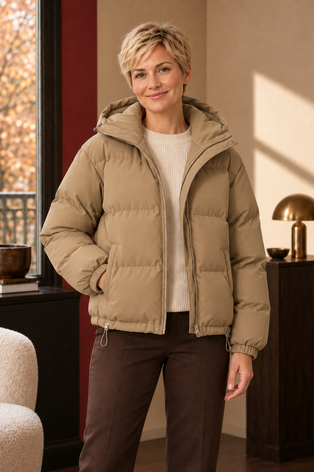 Quinn Hooded Puffer Jacket in Warm Khaki, front view showing hood and pockets.