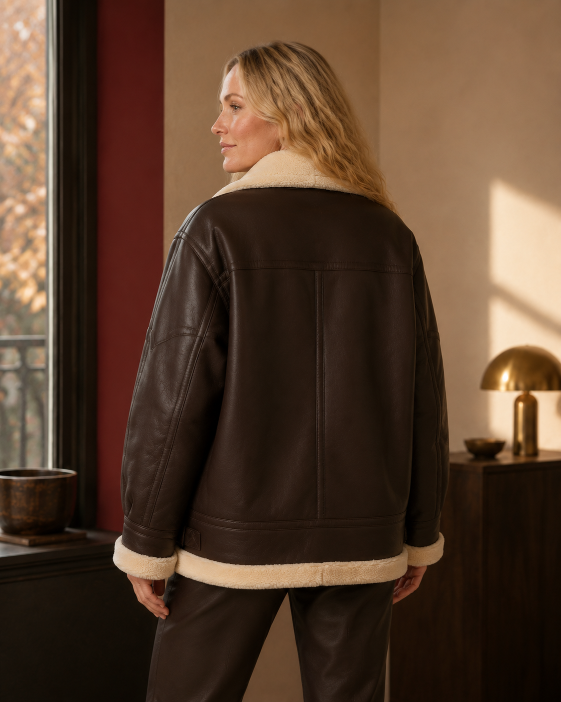 Reese Faux-Leather Teddy-Trim Jacket in brown, back view.